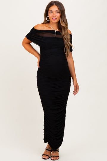 Black Ruched Mesh Foldover Off Shoulder Maternity Maxi Dress