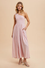 Light Pink Smocked One Shoulder Maxi Dress