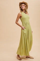 Green Smocked One Shoulder Maxi Dress