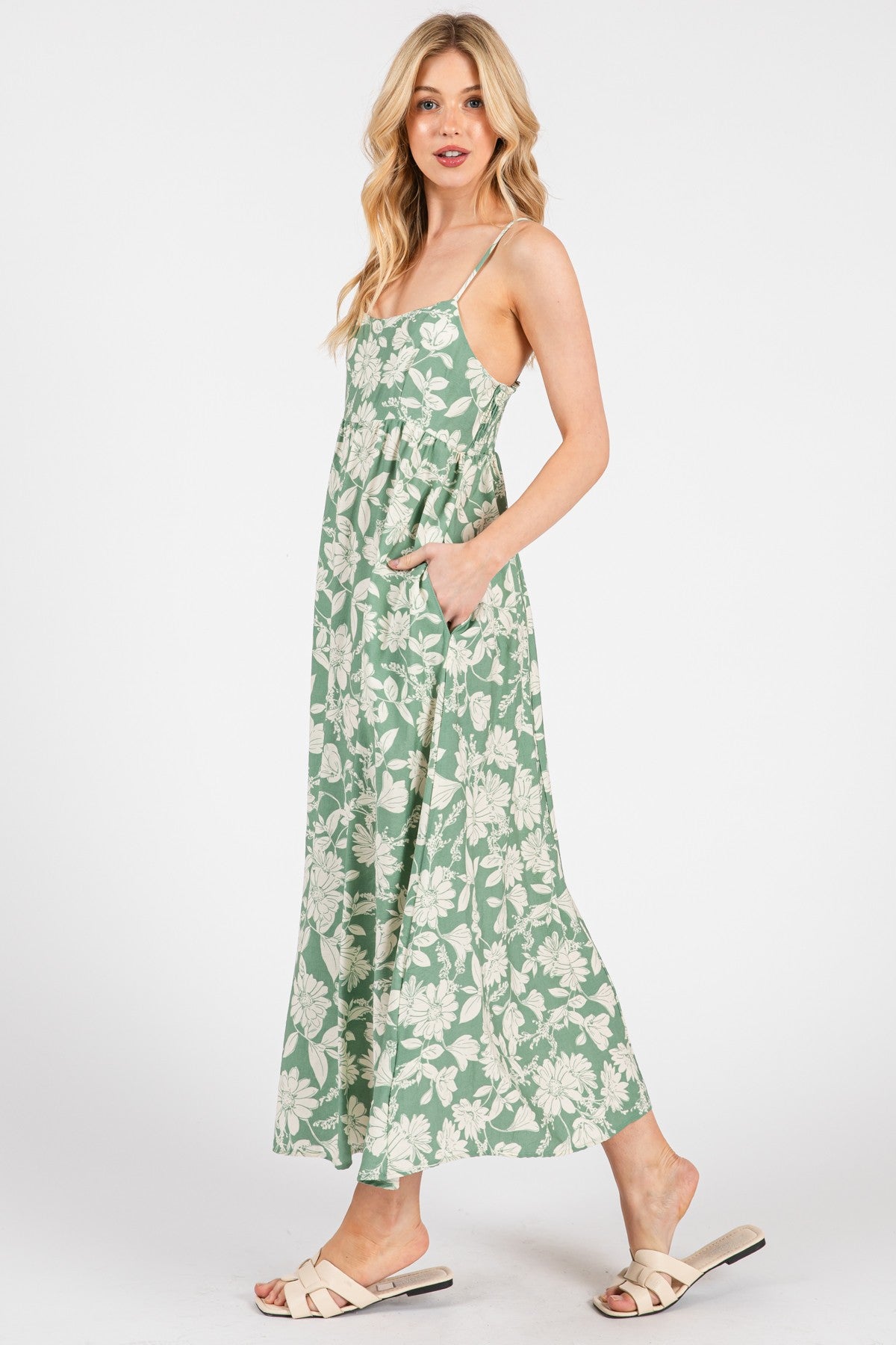 Light Olive Floral Sleeveless Midi Dress