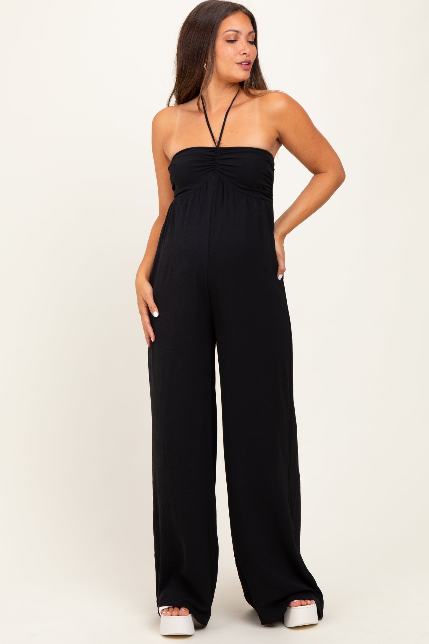 Black Halter Neck Wide Leg Maternity Jumpsuit