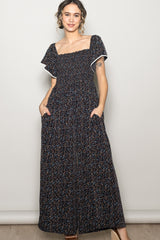 Black Floral Smocked Lace Trim Wide Leg Maternity Jumpsuit