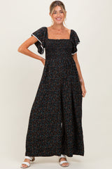 Black Floral Smocked Lace Trim Wide Leg Maternity Jumpsuit