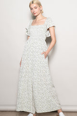 Ivory Floral Smocked Lace Trim Wide Leg Maternity Jumpsuit
