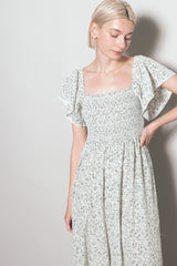 Ivory Floral Smocked Lace Trim Wide Leg Jumpsuit