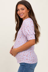 Lavender Floral Ribbed Puff Sleeve Maternity Top