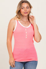 Pink Striped Ribbed Button Front Tank Top