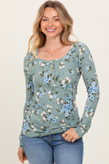 Light Olive Floral Ribbed Maternity Henley Top