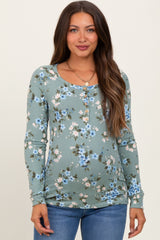 Light Olive Floral Ribbed Maternity Henley Top