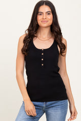 Black Ribbed Knit Button Tank Top