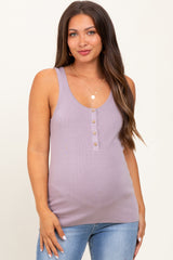 woman wearing a lavender maternity tank top with a scoop neckline and button details, showing a baby bump