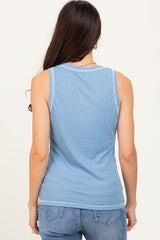 Blue Ribbed Contrast Stitch Tank Top