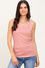 Pink Ribbed Contrast Stitch Tank Top