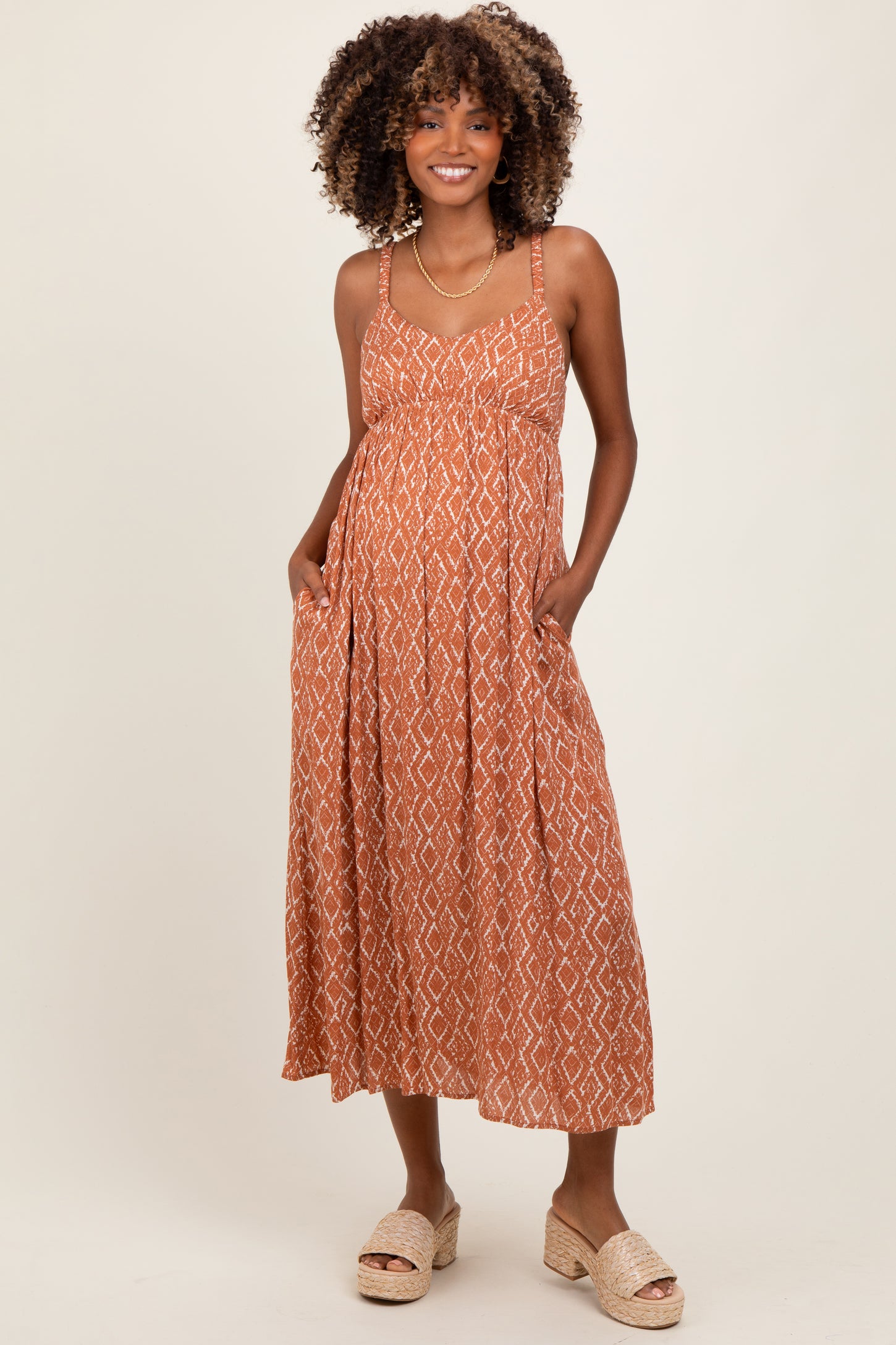 Rust Printed Sleeveless Maternity Midi Dress