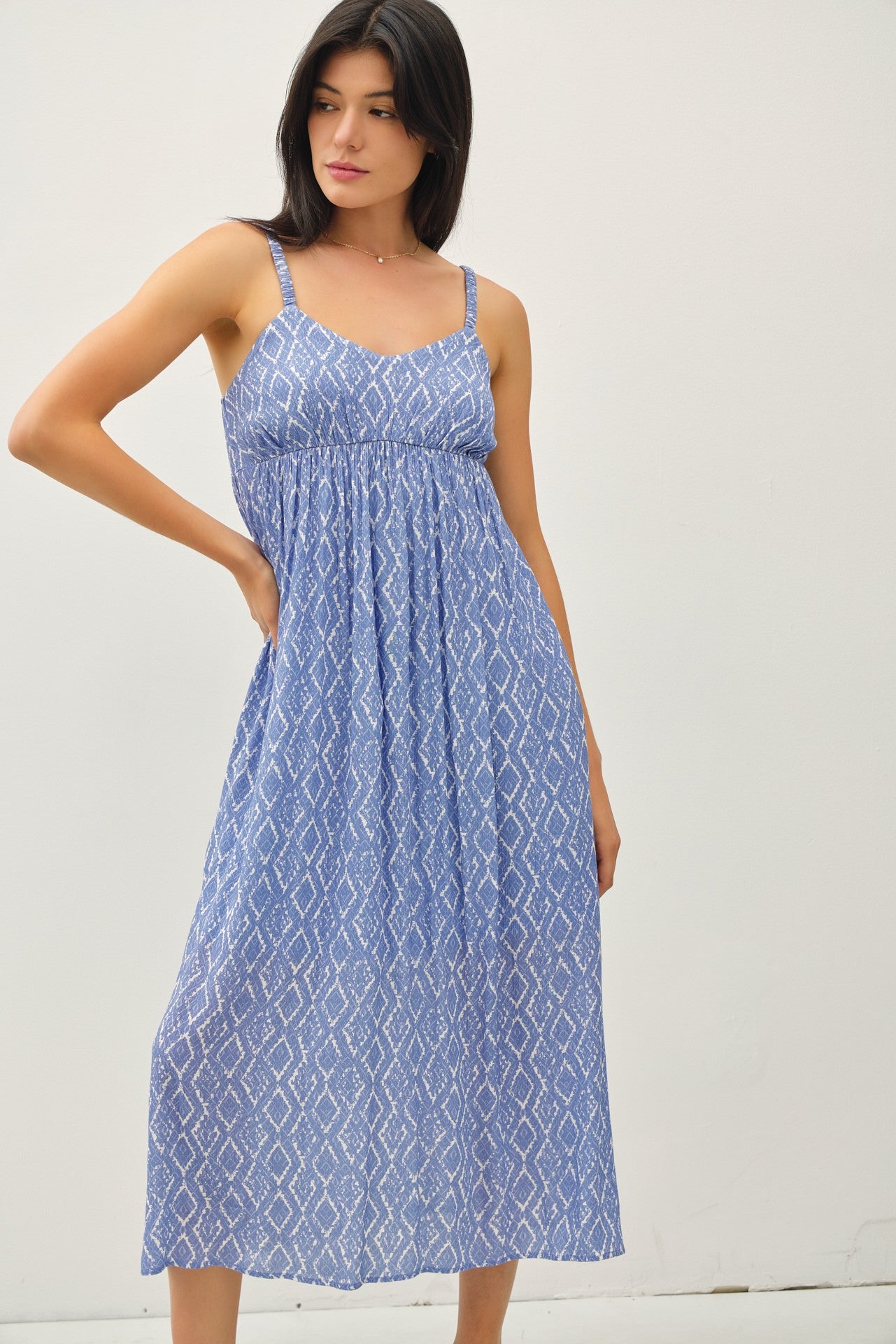 Blue Printed Sleeveless Midi Dress