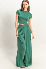 Emerald Green Cropped Short Sleeve Wide Leg Pants Set
