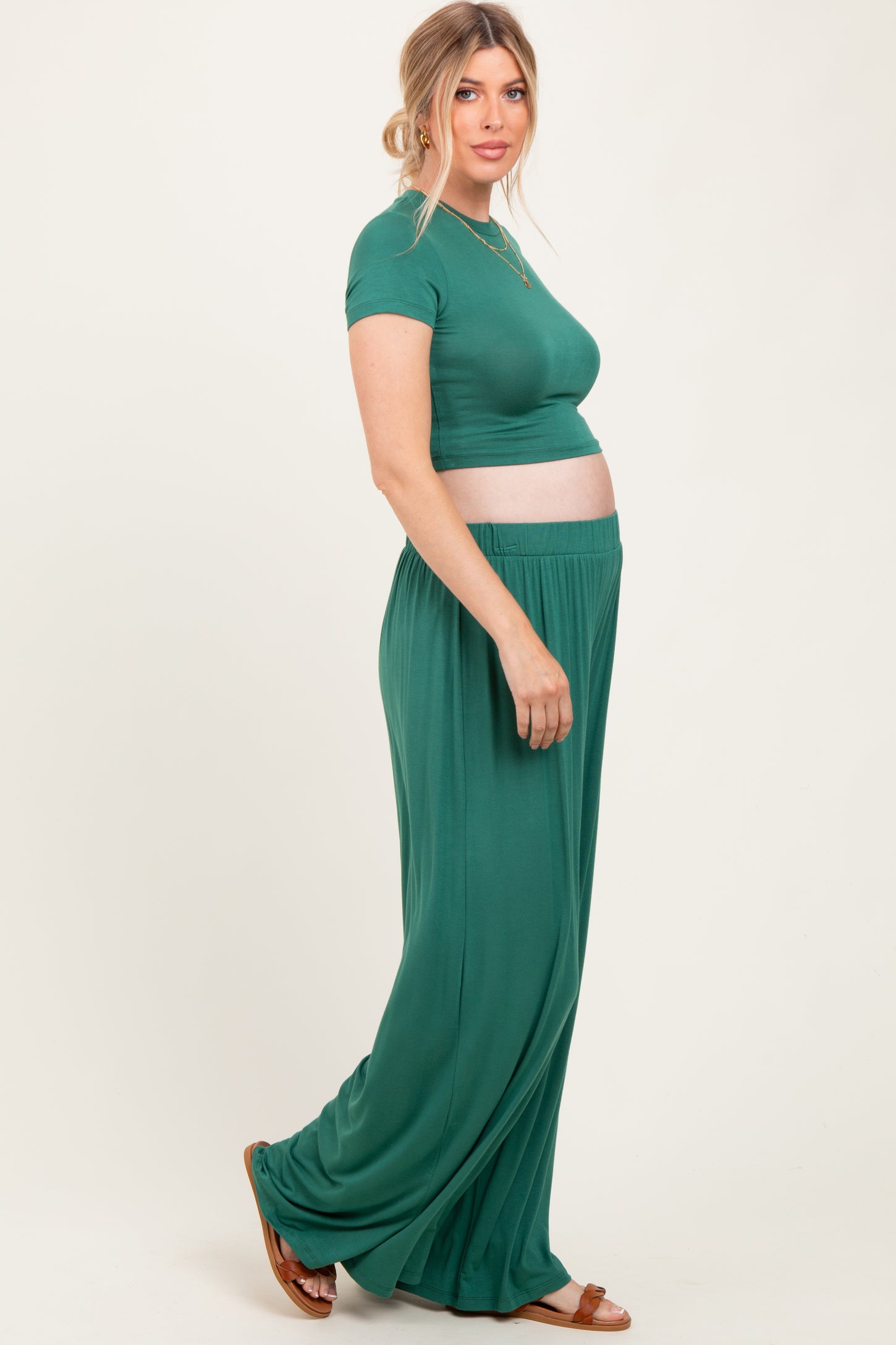 Emerald Green Cropped Short Sleeve Wide Leg Pants Maternity Set