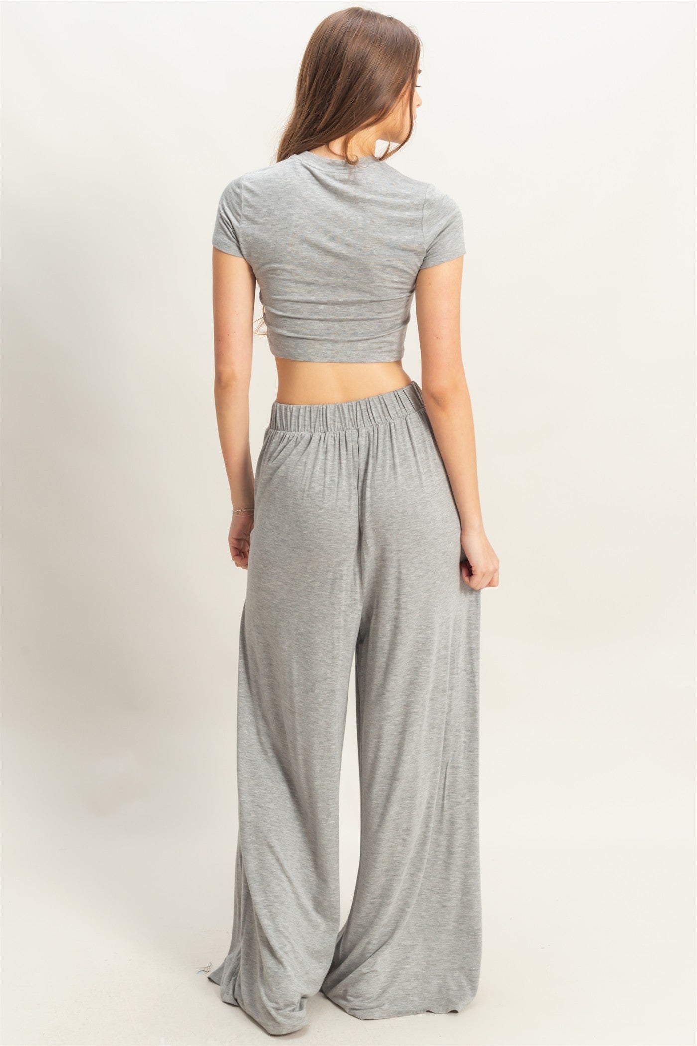Heather Grey Cropped Short Sleeve Wide Leg Pants Set
