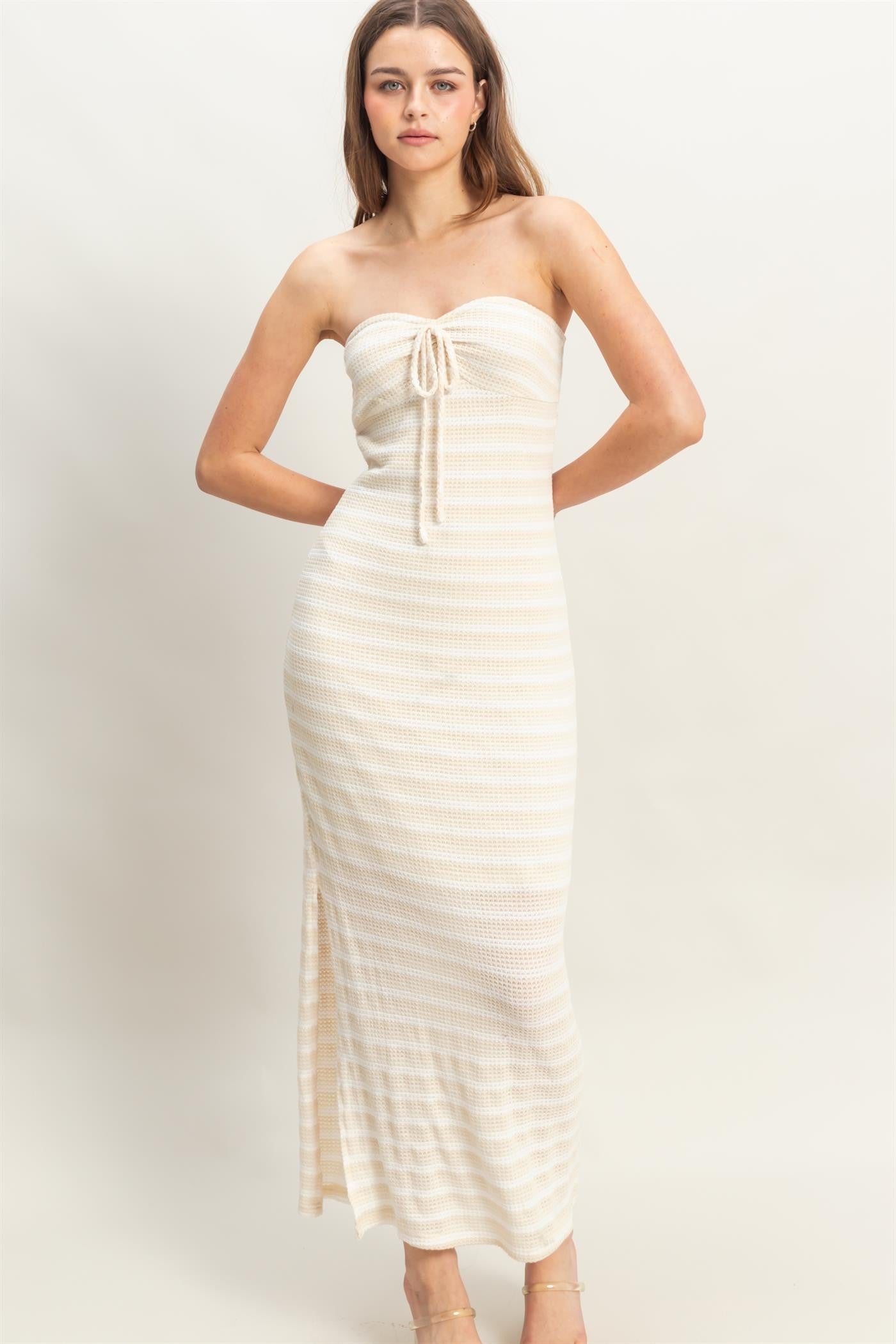 Cream Striped Knit Strapless Side Slit Maxi Dress