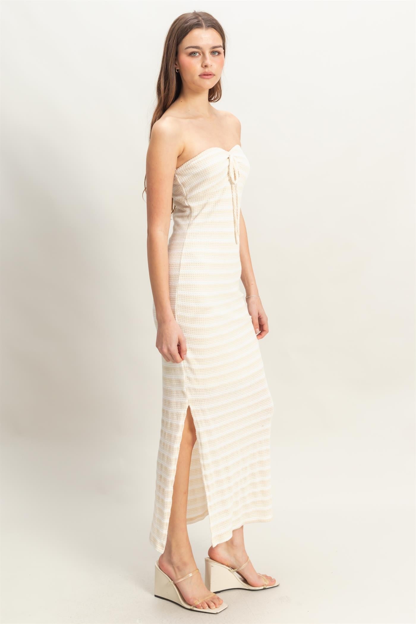 Cream Striped Knit Strapless Side Slit Maxi Dress
