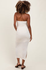 Cream Striped Knit Strapless Side Slit Maternity Maxi Dress