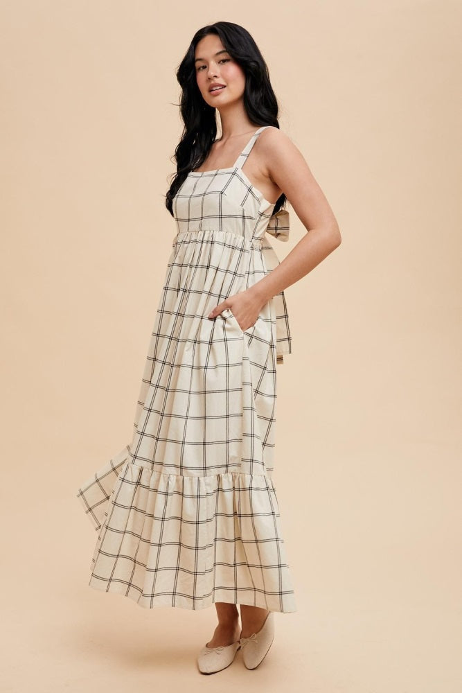 Cream Plaid Cutout Tie Back Maxi Dress