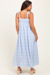 Blue Plaid Smocked Shoulder Tie Maternity Maxi Dress