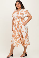 Cream Floral Smocked Short Sleeve Plus Midi Dress