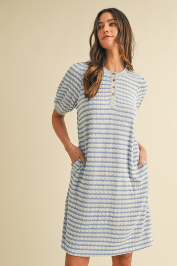 Blue Striped Textured Knit Button Up Dress