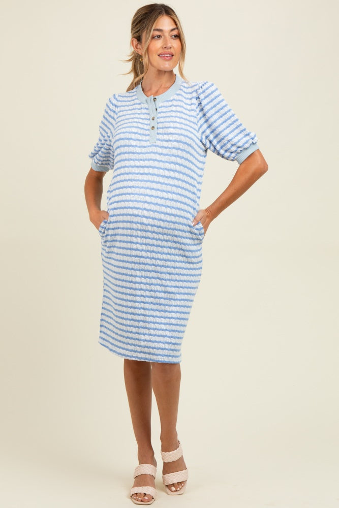Blue Striped Textured Knit Button Up Maternity Dress