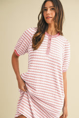 Light Pink Striped Textured Knit Button Up Maternity Dress