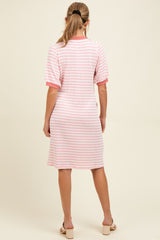 Light Pink Striped Textured Knit Button Up Maternity Dress