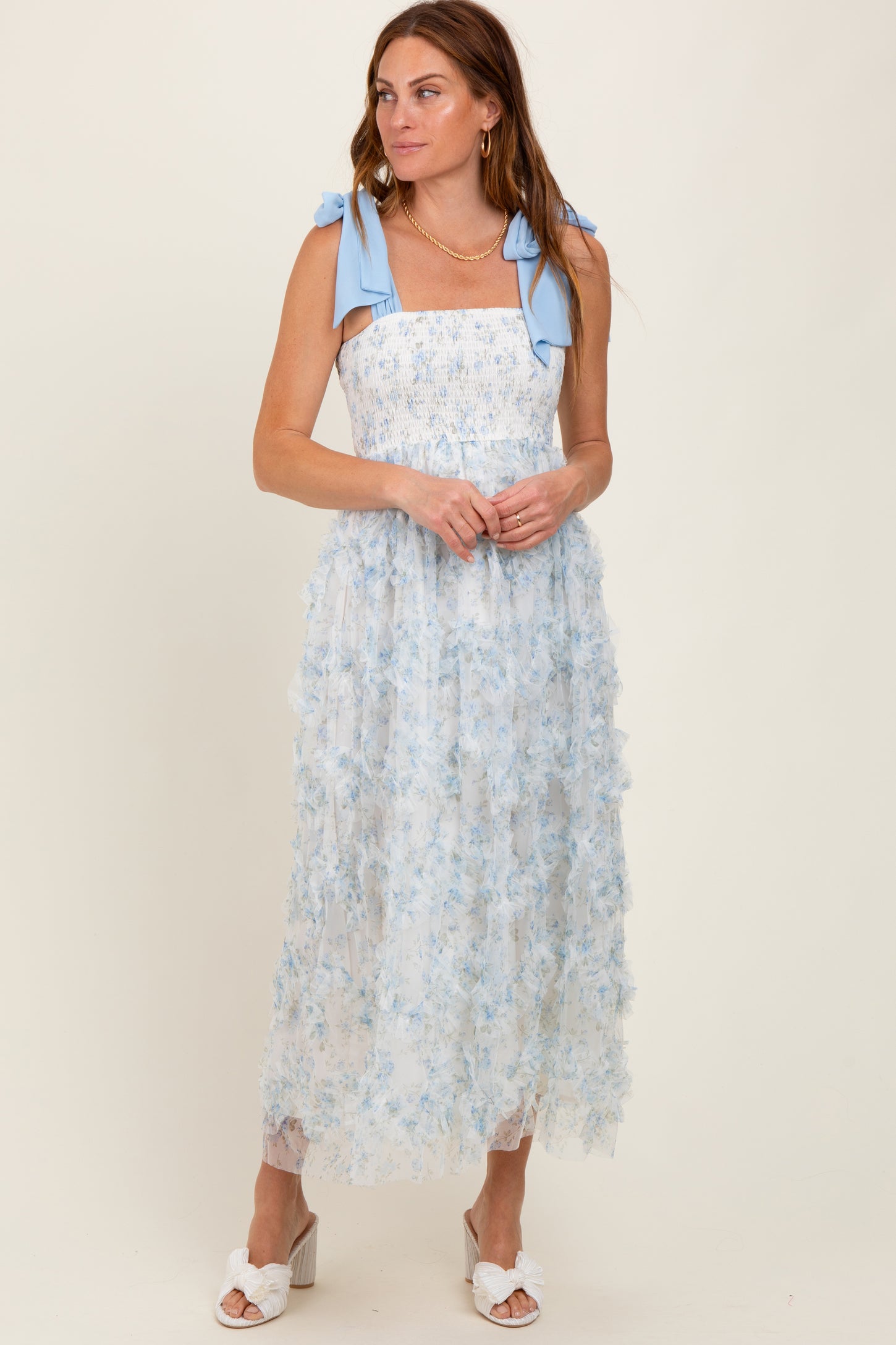 Light Blue Floral Smocked Shoulder Tie Ruffled Maternity Midi Dress