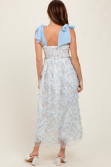 Light Blue Floral Smocked Shoulder Tie Ruffled Midi Dress