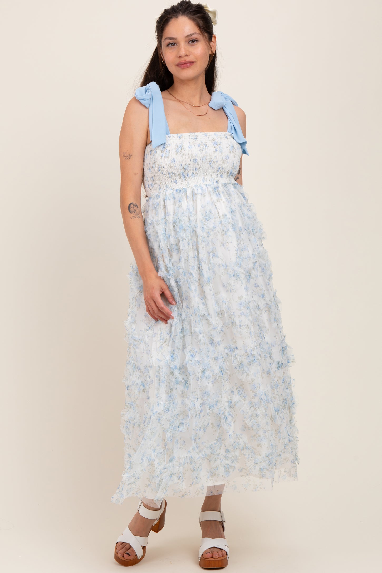 Light Blue Floral Smocked Shoulder Tie Ruffled Maternity Midi Dress