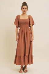 Camel Convertible Stretchy Smocked Maxi Dress
