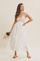 Ivory Crochet Sweater Floral Embroidery Midi Dress