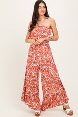 Rust Floral Strapless Ruffle Wide Leg Jumpsuit