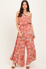 Rust Floral Strapless Ruffle Wide Leg Jumpsuit