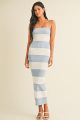 Light Blue Ivory Striped Back Lace Up Bodycon Maxi Dress