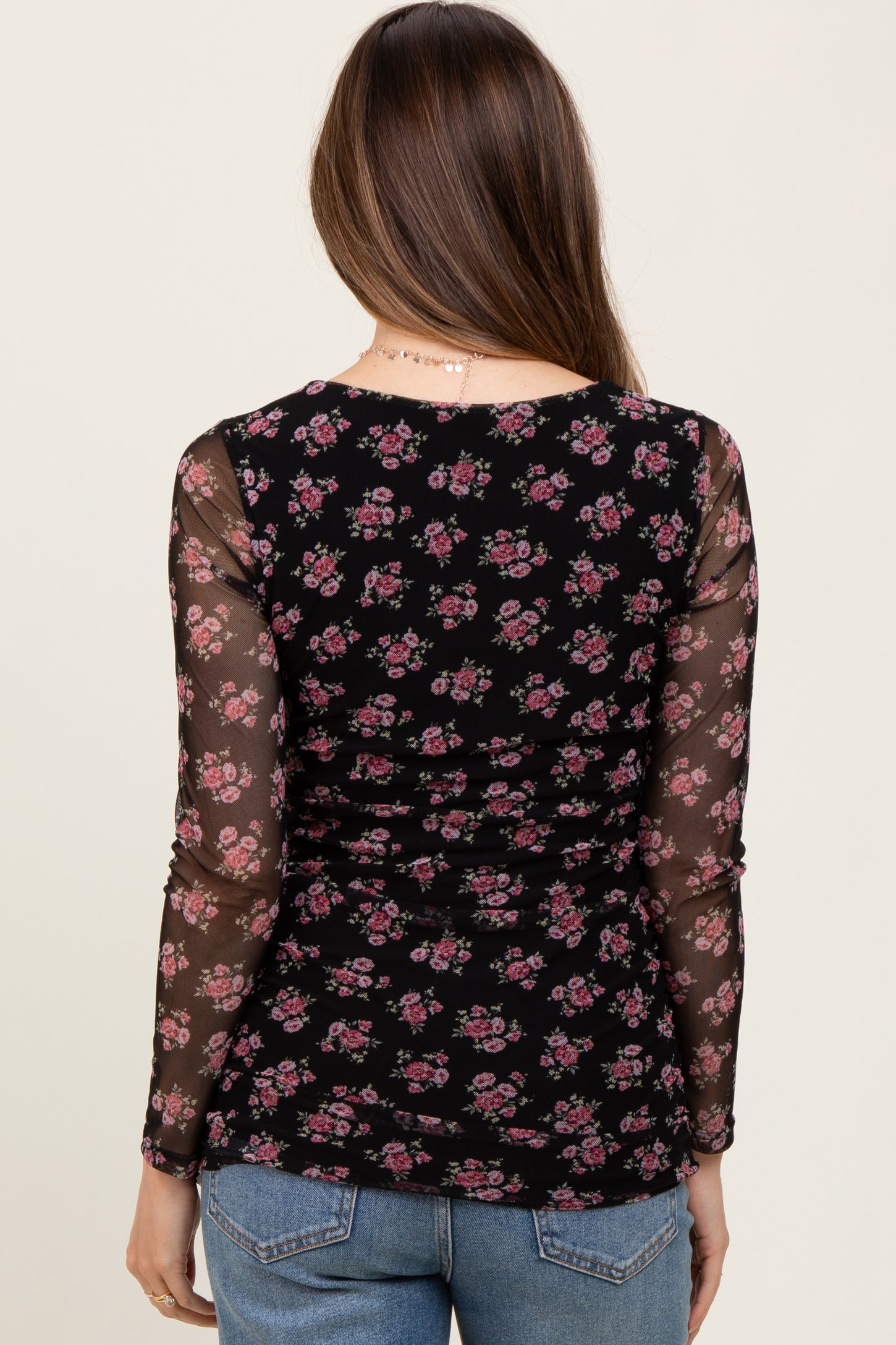Black Square Neck Sheer Sleeve Maternity Floral Top