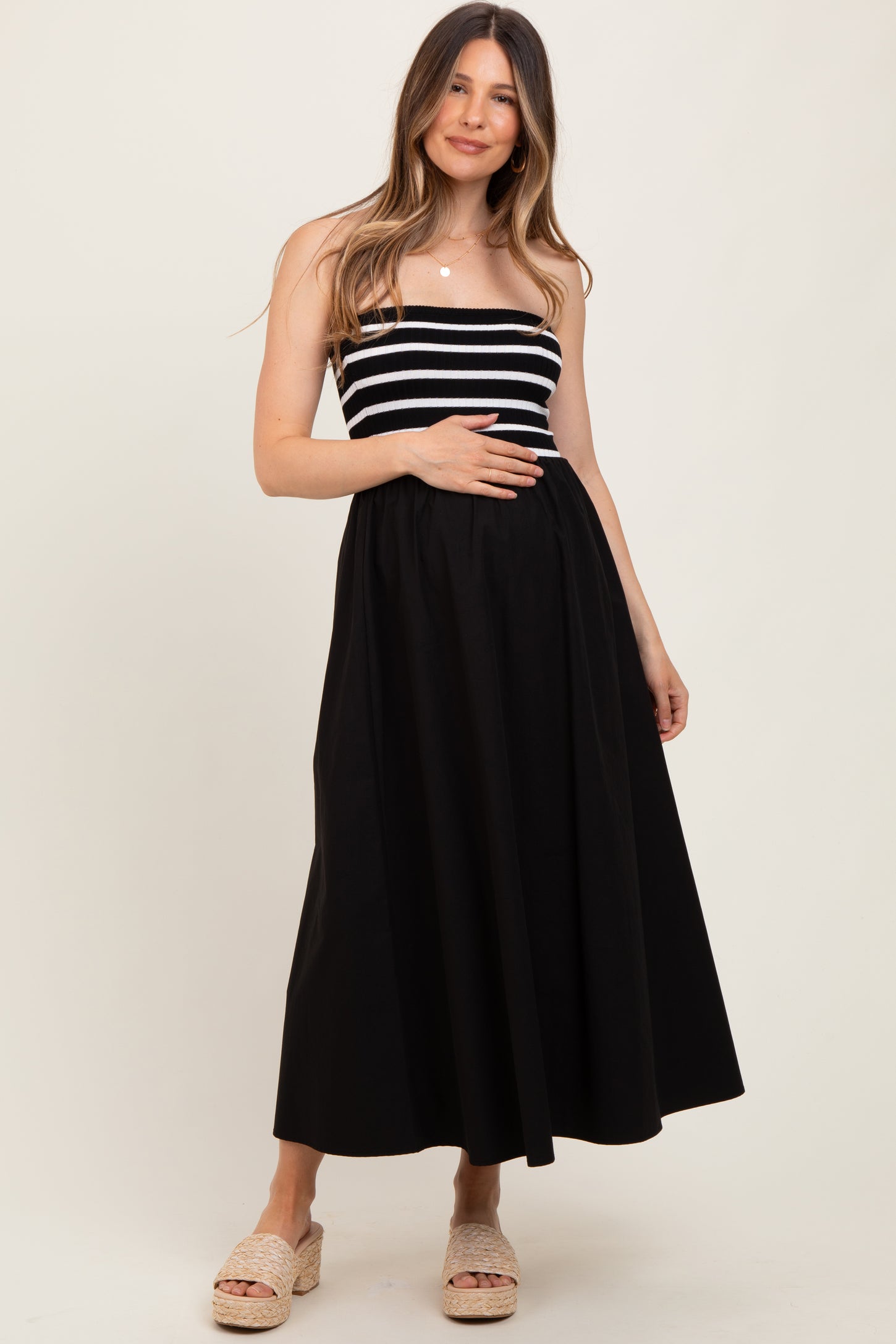 Black Striped Tube Knit Maternity Maxi Dress