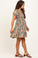Olive Floral Smocked V-Neck Puff Sleeve Maternity Dress