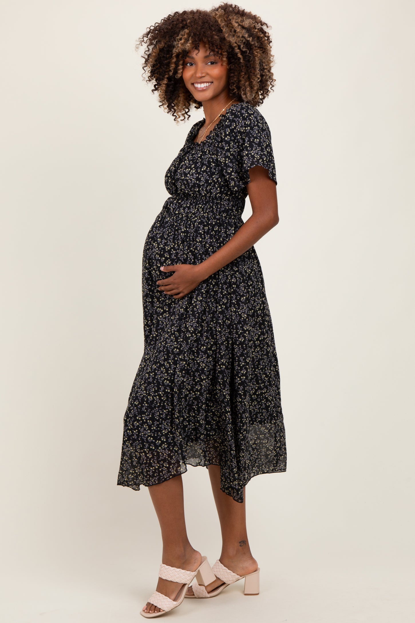Black Floral Square Neck Front Tie Maternity Midi Dress