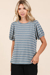 Blue Textured Knit Striped Puff Sleeve Top