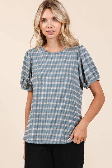 Blue Textured Knit Striped Puff Sleeve Top