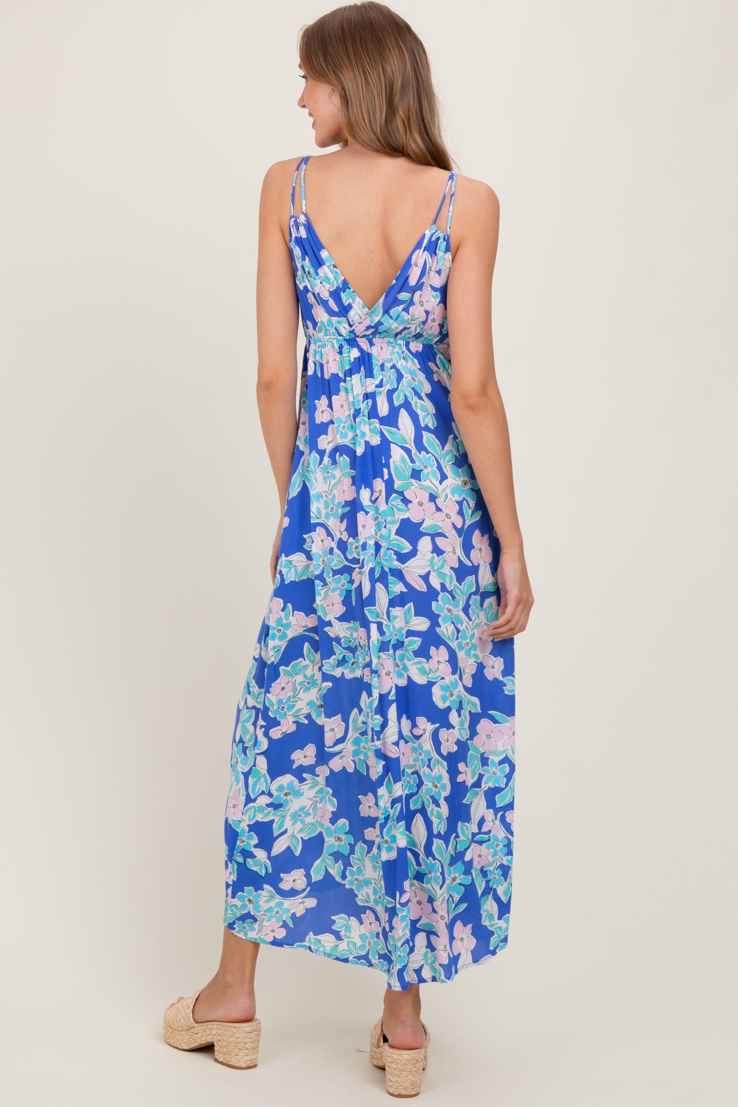 Blue Floral V-Neck Double Strap Maxi Dress