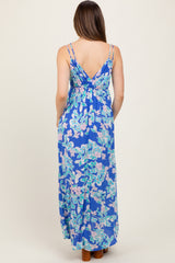 Blue Floral V-Neck Double Strap Maternity Maxi Dress