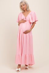 Light Pink Woven Textured Flutter Sleeve V-Neck Tiered Maternity Maxi Dress