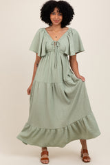 Sage Woven Textured Flutter Sleeve V-Neck Tiered Maternity Maxi Dress